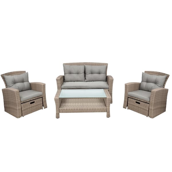 Unbranded 4-Pieces Wicker Patio Conversation Set with Gray Cushions Ottomans and Table for Garden Backyard