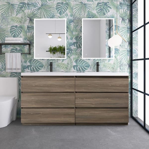 Unbranded 72 in. W x 21 in. D x 34 in. H Freestanding Bathroom Vanity in Maple Grey with White Solid Surface Top and Double Basin