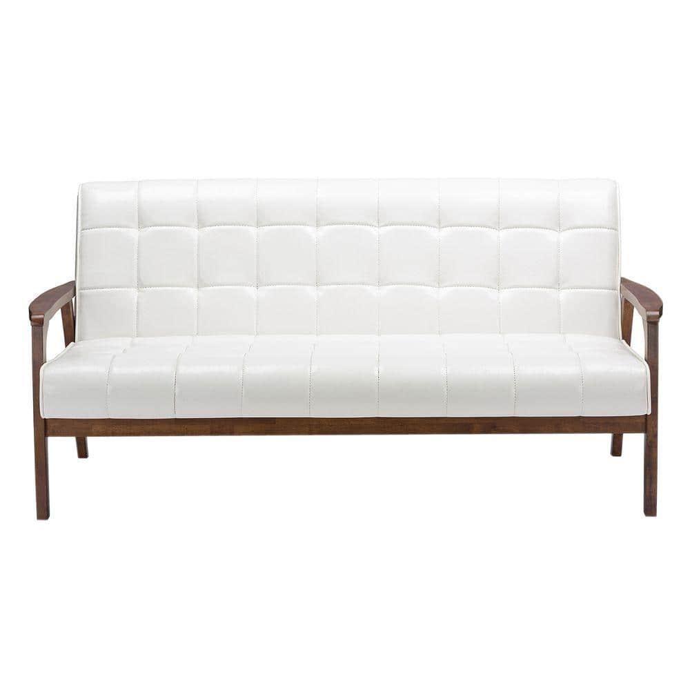 Elegant White Faux Leather Tufted Sleeper Sofa with Wood Accents