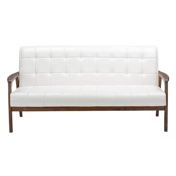 Baxton Studio Masterpiece 63.8 in. White Faux Leather 4-Seater Cabriole Sofa with Wood Frame