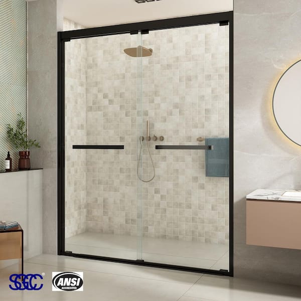 waterpar 56 to 60 in. W x 76 in. H Sliding Semi Frameless Shower Door in Black with Clear Glass