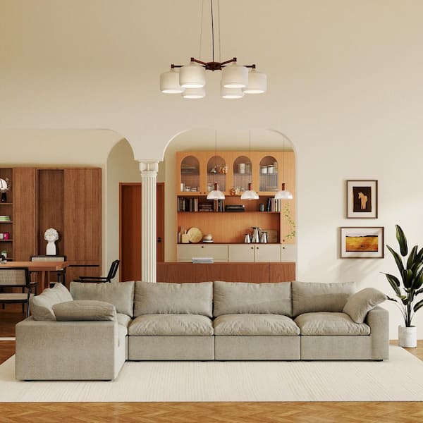 Down Filled 118 in. Square Arm 5-Piece Microfiber U Shaped Cloud Modular Sectional Sofa with Washable Cover in. Khaki