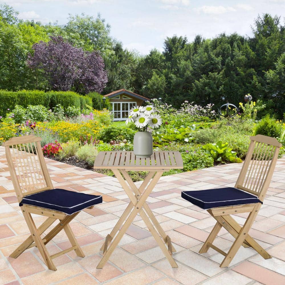 Dark Blue Pine Wood Folding Patio Bistro Set with Cushions