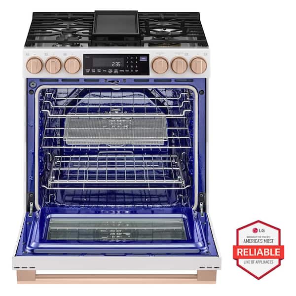 STUDIO 6.3 cu. ft. SMART Slide-in Gas Range in Essence White with ProBake Convection, Easy Clean, Instaview & Air Fry