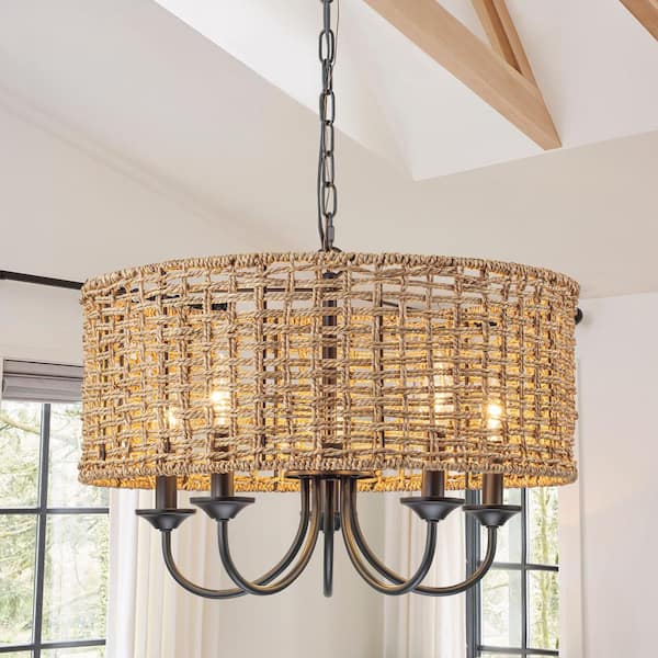 RRTYO Gianni 5-Light Modern Rustic Distressed Hand-Woven Drum Chandelier with Farmhouse Natural Rattan Shade