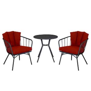 Rimini 3-Piece Metal Round Outdoor Bistro Set with Red Cushion