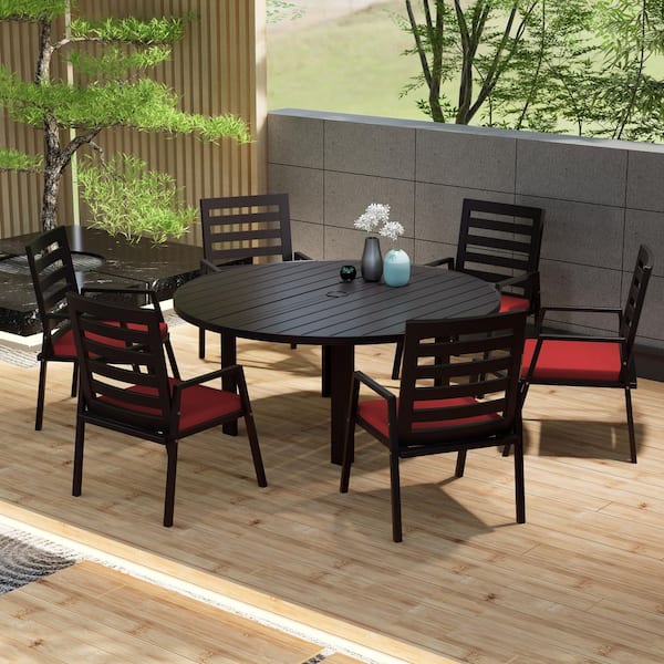 Leisuremod Chelsea 7-Piece Aluminum Outdoor Dining Set with 60 in. Round Table and 6 Dining Armchair w/ Cushions in Cherry Red