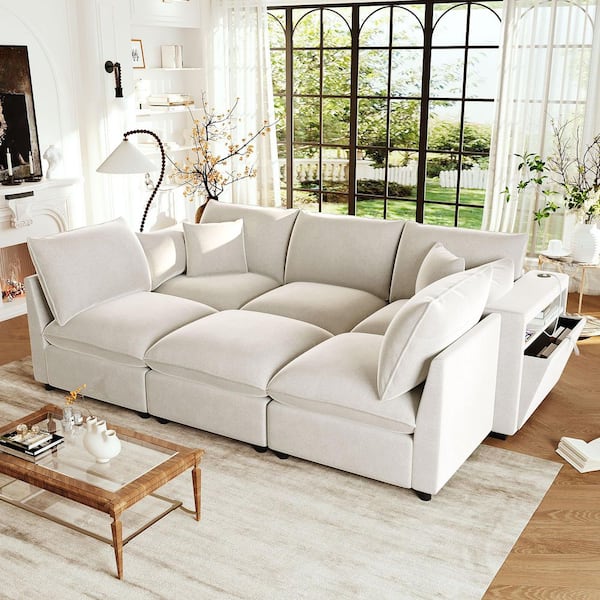 93.7 in. Modular Square Arm Chenille with a Movable Ottoman, Storage Armrests and USB Ports Sectional Sofa in Beige