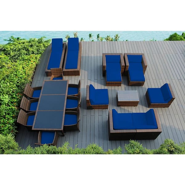 Mixed Brown 20-Piece Wicker Patio Combo Conversation Set with Sunbrella Pacific Blue Cushions