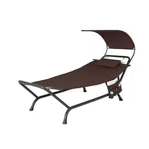 95.5 in. Brown Metal Frame Outdoor Patio Hanging Chaise Lounge Chair with Canopy Cushion Pillow and Storage Bag