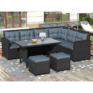 Black 6-Piece Rattan Wicker Outdoor Sectional Set with Gray Cushions