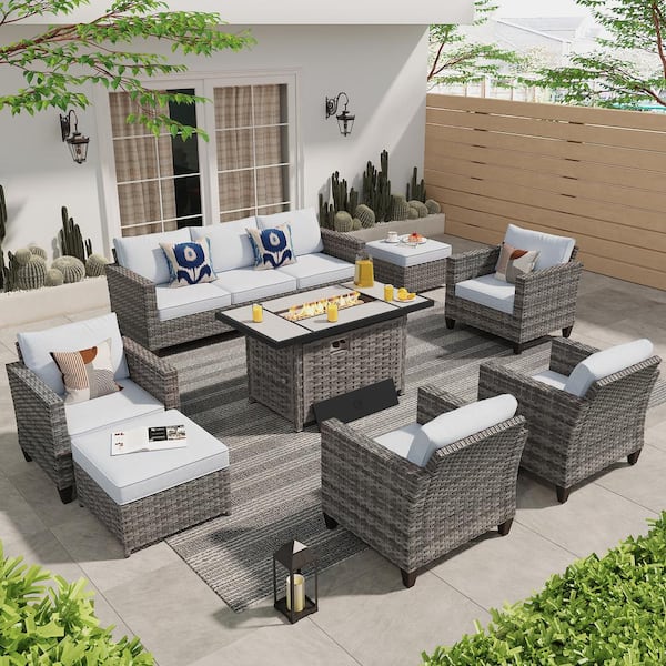 XIZZI Milan Gray 8-Piece Wicker Outdoor Patio Rectangular Fire Pit Seating Sofa Set and with Gray Cushions