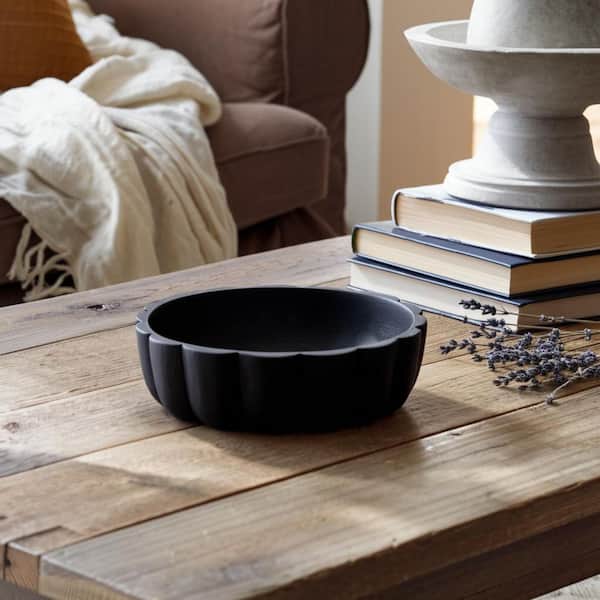 9 in. x 4 in. Black Round Paulownia Wood Scalloped Decorative Bowl with Hand-Carved Design
