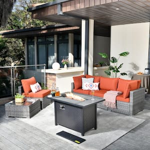 Messi Gray 6-Piece Wicker Outdoor Patio Conversation Sectional Sofa Set with a Metal Fire Pit and Orange Red Cushions