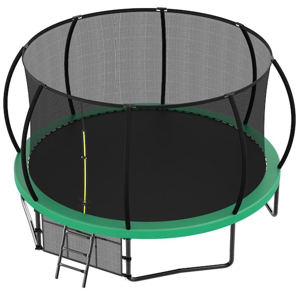 Unbranded 12 ft. Outdoor Trampoline with Balance Bar, Enclosure Net, Ladder for Kids and Adults for Garden, Green