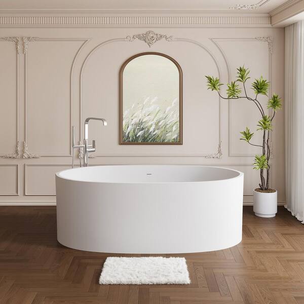 65 in. x 34.25 in. Stone Resin Solid Surface Freestanding Soaking Bathtub with Center Drain in White