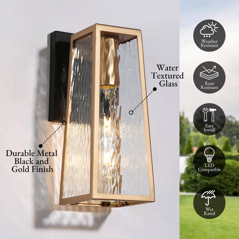 Medium Black and Gold Outdoor Metal Lantern Sconce with Clear Glass