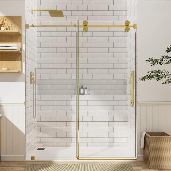 66 in. W x 76 in. H Single Sliding Frameless Shower Door in Brushed Gold with 3/8 in. Clear Glass