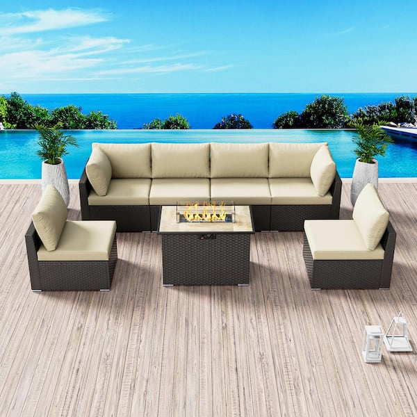 Rattan Wicker 7-Piece Outdoor Patio Propane Fire Pit Furniture Set with Beige Cushions