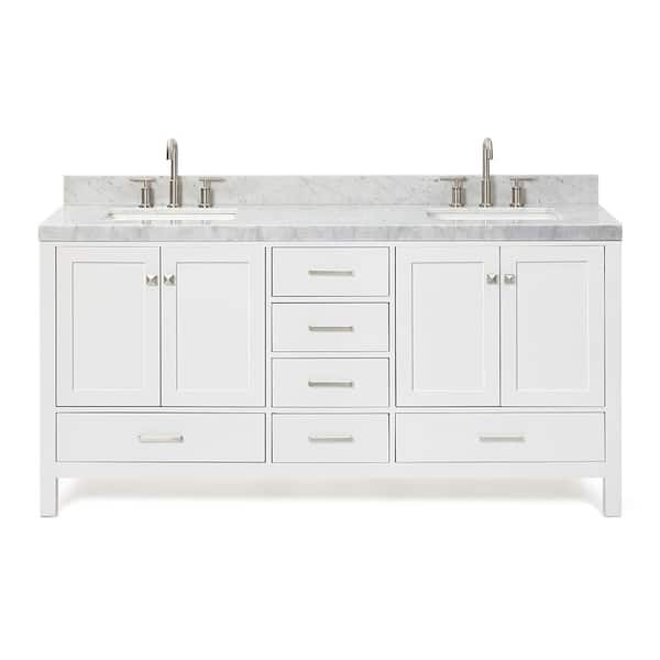 Cambridge 72 in. Double Sink Freestanding Bathroom Vanity in White with Carrara White Marble Top