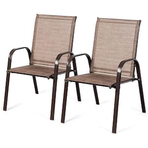 Mix and Match Stackable Brown Steel Sling Outdoor Patio Dining Chair in Brown (2-Pack)