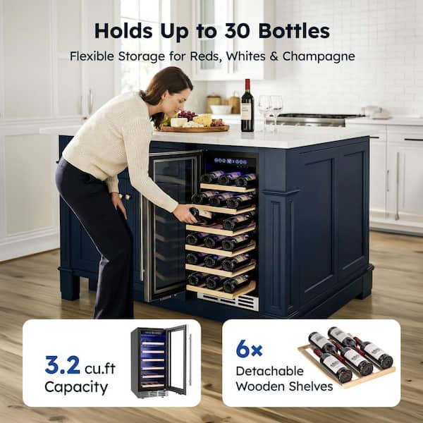 15 in. Single Zone 28-Bottle Built-in/ Freestanding Wine Cooler in Black, Adjustable Shelves, Temperature Memory