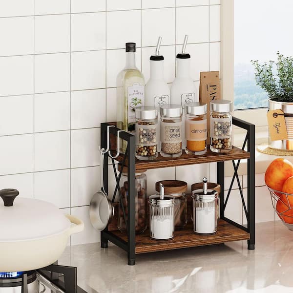 Unbranded Rustic Series 2-Shelf Kitchen Countertop Organizer Small Brown  Space-Saving Wood Spice Rack with Hooks 29EPH020137