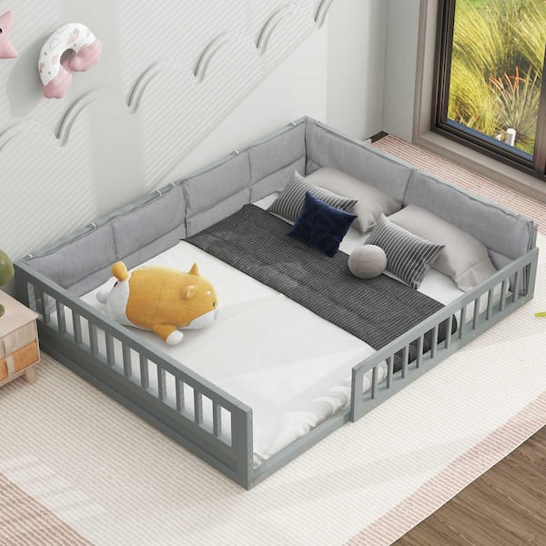 Gray Wood Frame Full Size Platform Bed with Guardrail and Pillow