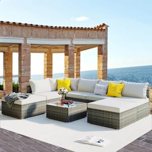 Gray 8-Piece Wicker Patio Conversation Set with Beige Cushions and Side Table