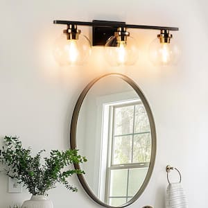 Industrial 25 in. 3-Light Black and Gold Bathroom Vanity Light, Modern Farmhouse Wall Sconce with Globe Glass Shades