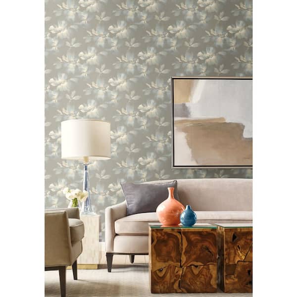 Light Blue and Grey Midnight Blooms Non Woven Premium Peel and Stick Wallpaper Approximate 45 sq. ft.