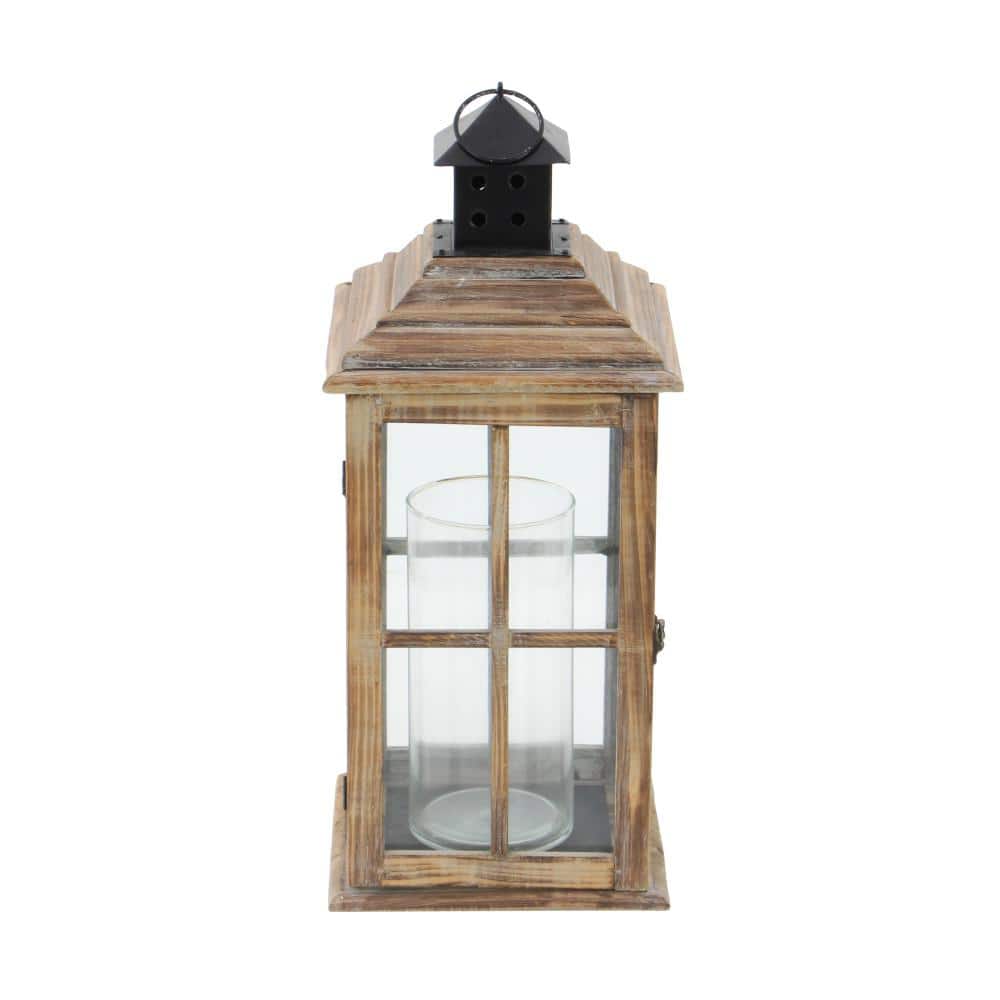 Brown Fir Wood and Glass Traditional Candle Lantern