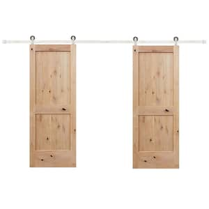 60 in. x 80 in. Biparting 2-Panel V-groove Solid Core Knotty Alder Sliding Barn Door W/Satin Nickel Hardware Kit