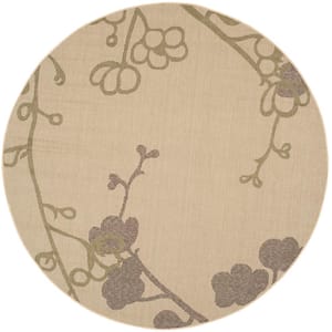 Courtyard Natural/Olive 7 ft. x 7 ft. Round Floral Indoor/Outdoor Patio  Area Rug