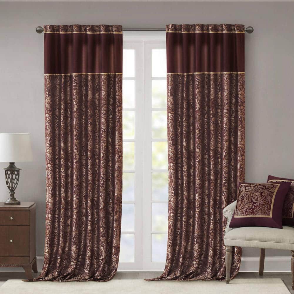 Burgundy Faux Silk Paisley Jacquard Light-Filtering Curtain Panels