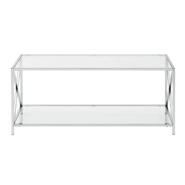Convenience Concepts Oxford 42 in. Chrome Standard Height Rectangular Glass Top Coffee Table with Shelf