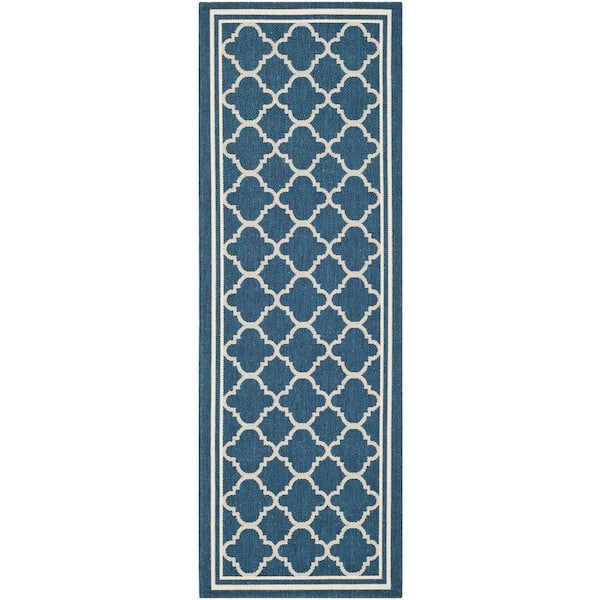 Courtyard Navy/Beige 2 ft. x 12 ft. Geometric Moroccan Indoor/Outdoor Patio  Runner Rug