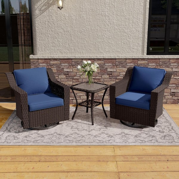 3-Piece Stylish Wicker Patio Swivel Chair Outdoor Rocking Chair Set with Thick Blue Cushions and Table