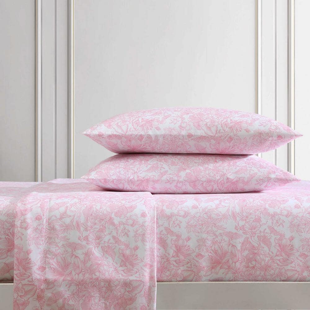 Full Pink and White Floral Satin Microfiber Sheet Set