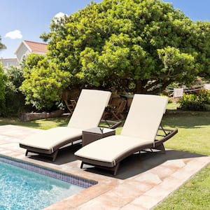 Brown 3-Piece Wicker Outdoor Chaise Lounge with Beige Cushions