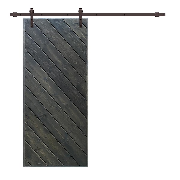 CALHOME Modern European Series 30 in. x 84 in. Pre Assembled Gray Stained Solid Wood Sliding Barn Door with Hardware Kit