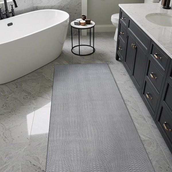 Harmony 2 x 7 ft. Grey Non-Slip Rubber Back Washable Polyester Wave Kitchen Runner