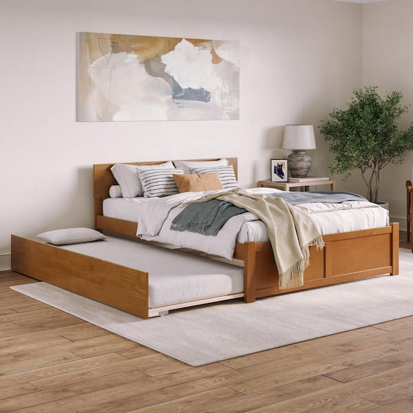 Orlando Light Toffee Natural Bronze Solid Wood Frame Queen Platform Bed with Footboard and Twin XL Trundle