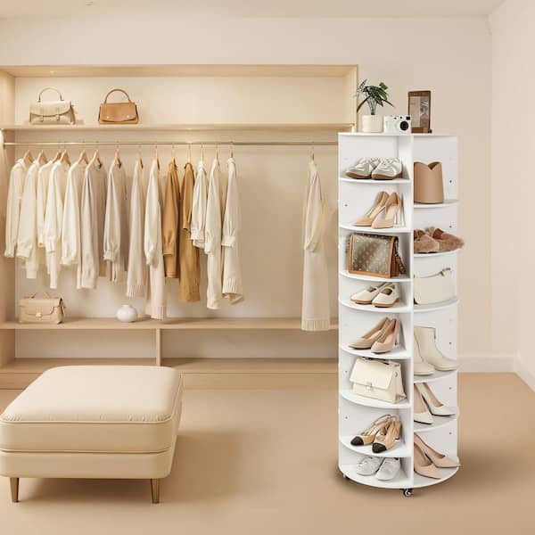 7 Tier Rotating Shoe Rack Tower with Shelves, White 360° Spinning Carousel Display-Wheels, Lazy Susan Organizer Closet