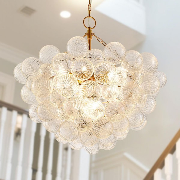 8 Light Glass Bubble Ball Cluster Globe Golden Chandelier for Kitchen Island Living Room Bedroom with LED Bulb Included