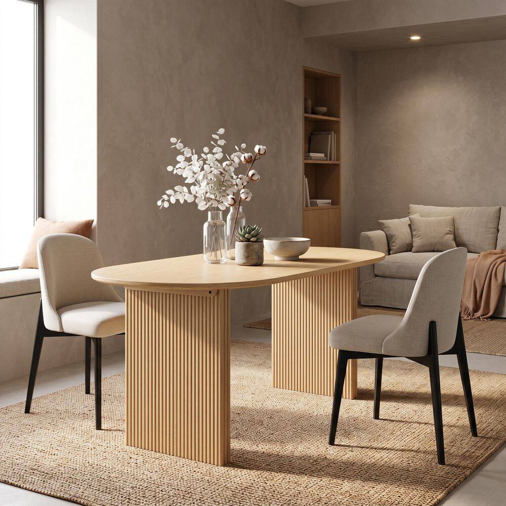 3-Piece Modern Oval Natural Wood Top 67 in. Double Pedestal Base Dining Table Set Seats 2