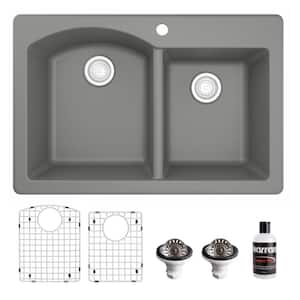 QT-610 Quartz/Granite 33 in. Double Bowl 60/40 Top Mount Drop-In Kitchen Sink in Grey with Bottom Grid and Strainer