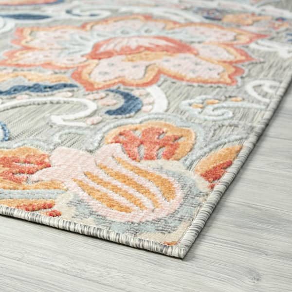 Tayse Rugs Tropic Floral Gray 2 ft. x 3 ft. Indoor/Outdoor Area Rug