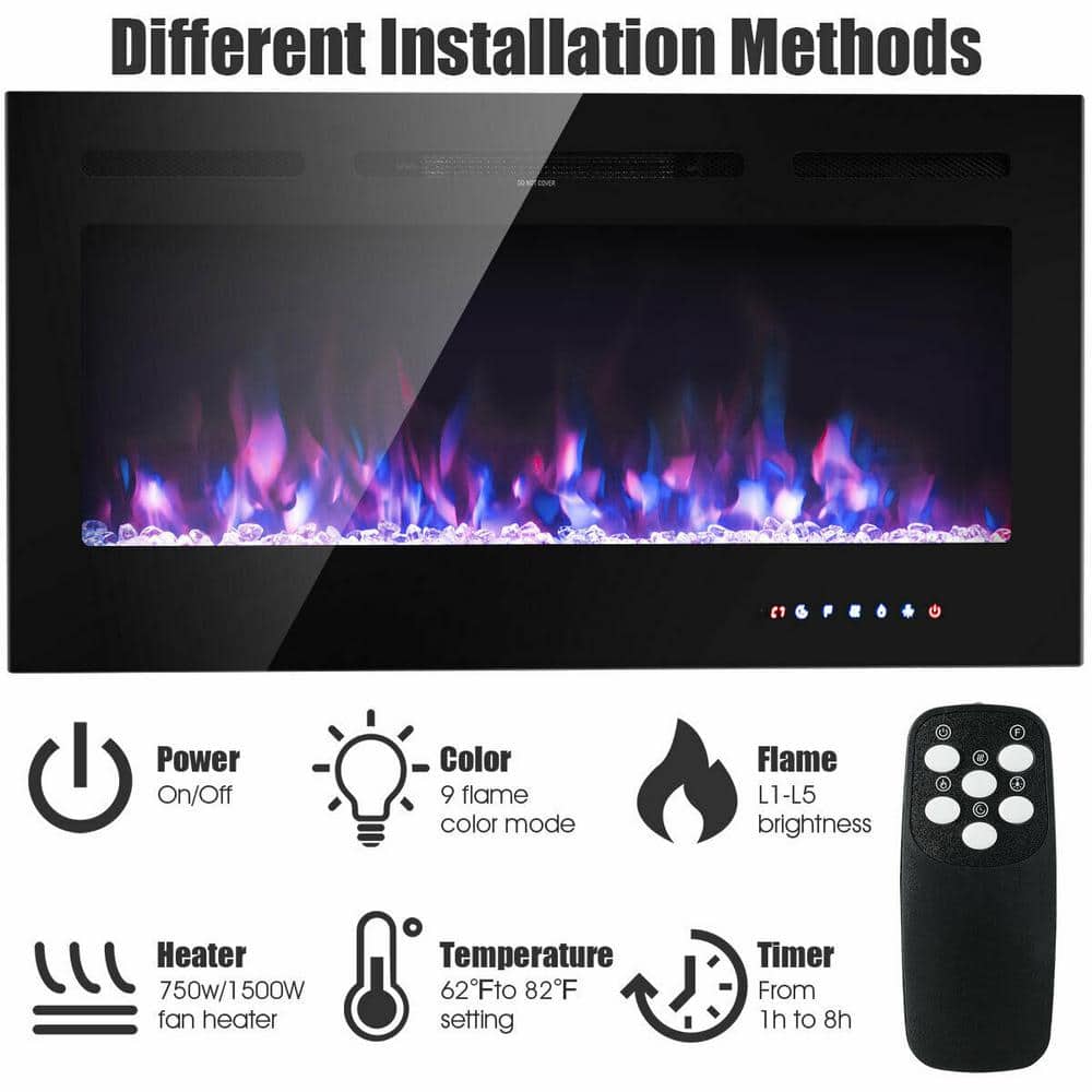 40-Inch Black Tempered Glass Electric Fireplace with Multi-Color Flames