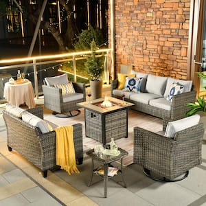 Michigan 6-Piece Wicker Outdoor Patio Fire Pit Seating Sofa Set and with Gray Cushions and Swivel Rocking Chairs